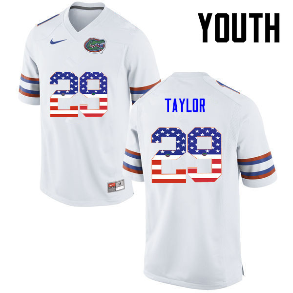 Youth Florida Gators #29 Jeawon Taylor College Football USA Flag Fashion Jerseys-White - Click Image to Close